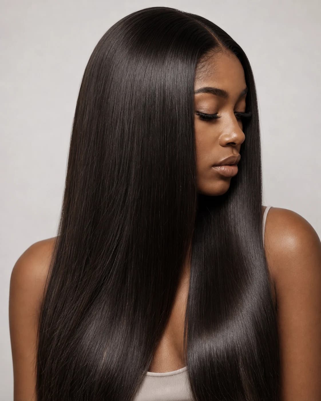 Black woman wearing a long dark wig after restoration, with smooth glossy polished hair